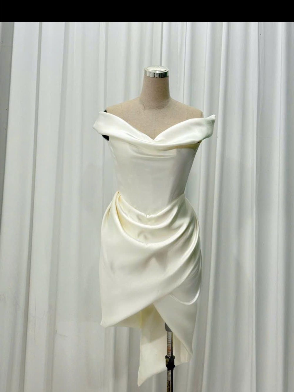 Off-Shoulder Ivory Satin Draped Cocktail Dress